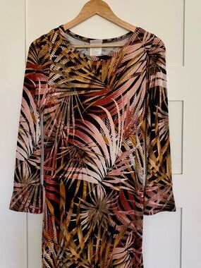 Women’s Tropical Print Long Sleeve dress in Black, Pink & Mustard